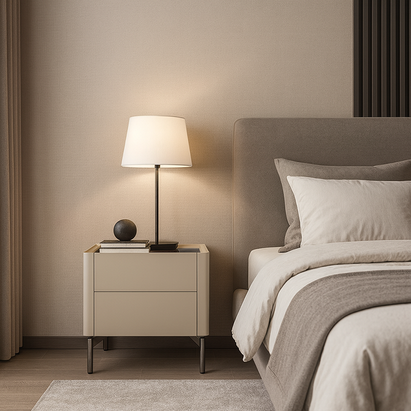Table de chevet beige minimaliste moderne : plateau en verre trempé noir - table de chevet à deux tiroirs pour la chambre 