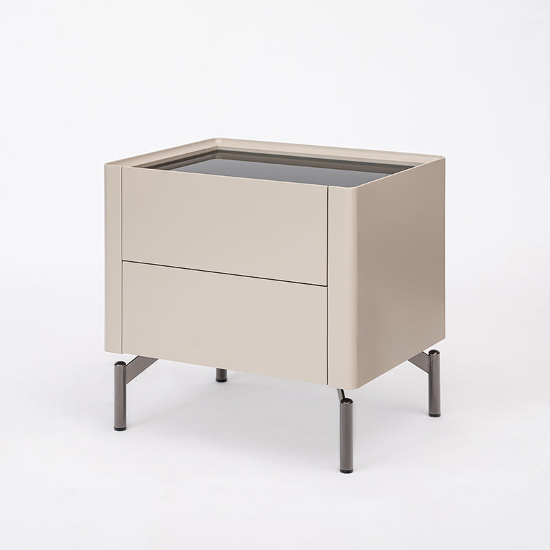 Table de chevet beige minimaliste moderne : plateau en verre trempé noir - table de chevet à deux tiroirs pour la chambre 