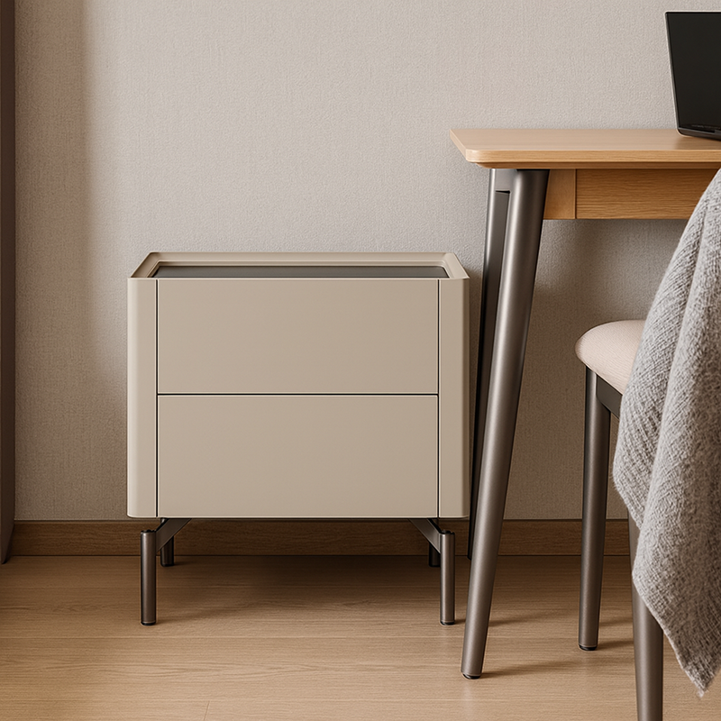Table de chevet beige minimaliste moderne : plateau en verre trempé noir - table de chevet à deux tiroirs pour la chambre 