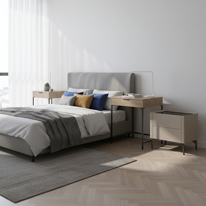 Table de chevet beige minimaliste moderne : plateau en verre trempé noir - table de chevet à deux tiroirs pour la chambre 