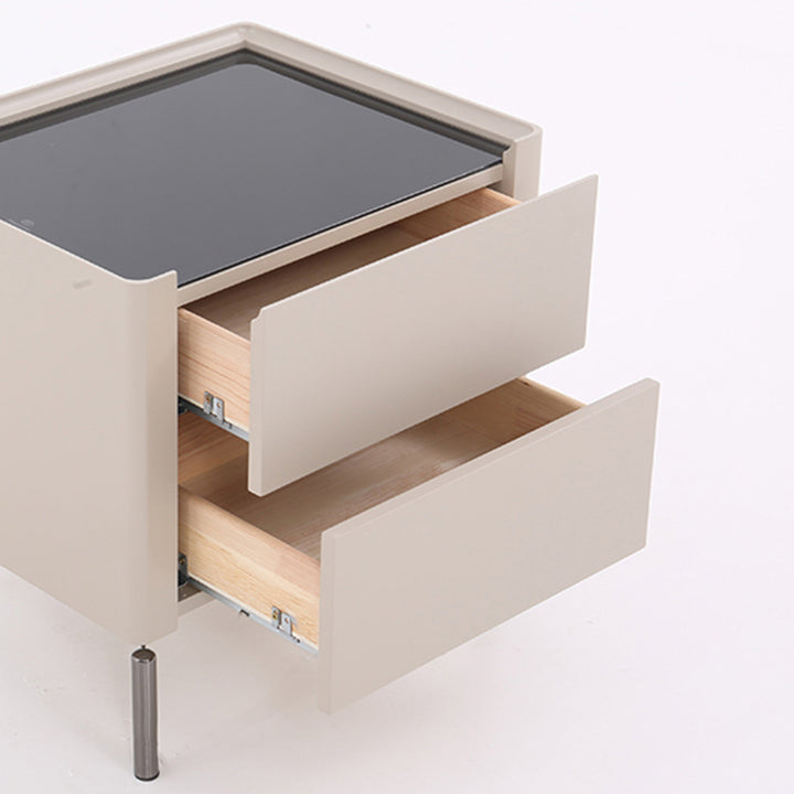 Table de chevet beige minimaliste moderne : plateau en verre trempé noir - table de chevet à deux tiroirs pour la chambre 