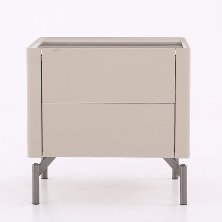 Table de chevet beige minimaliste moderne : plateau en verre trempé noir - table de chevet à deux tiroirs pour la chambre 