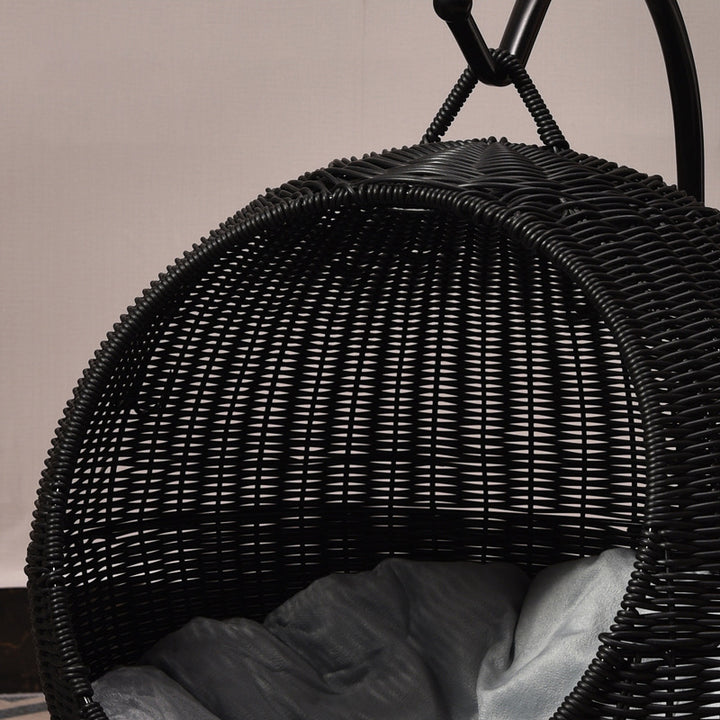Cama para gato colgante tejida a mano de hierro y ratán sintético PP/PE redonda boho contemporánea para dormitorio 
