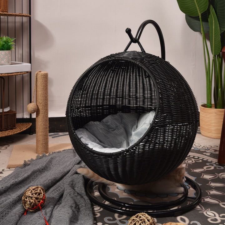 Cama para gato colgante tejida a mano de hierro y ratán sintético PP/PE redonda boho contemporánea para dormitorio 