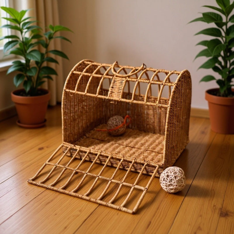 Zeitgenössisches Boho-Rechteckiges PP/PE Faux Rattan Eisen Handgewebtes Krabbenkäfig-förmiges Katzenbett für das Schlafzimmer 