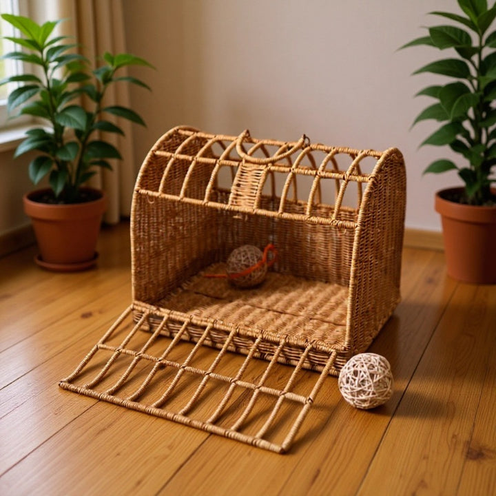 Zeitgenössisches Boho-Rechteckiges PP/PE Faux Rattan Eisen Handgewebtes Krabbenkäfig-förmiges Katzenbett für das Schlafzimmer 