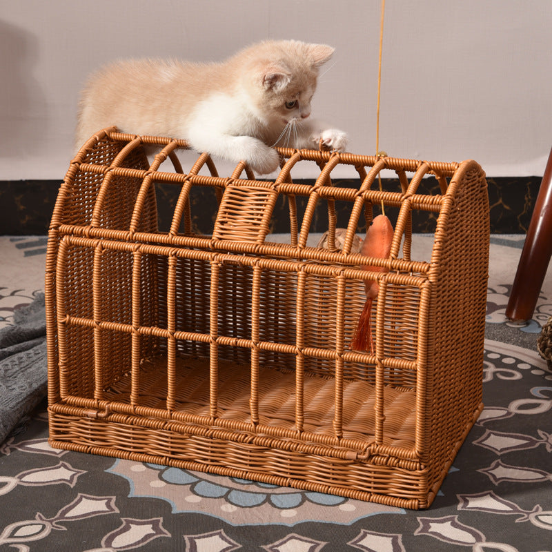 Zeitgenössisches Boho-Rechteckiges PP/PE Faux Rattan Eisen Handgewebtes Krabbenkäfig-förmiges Katzenbett für das Schlafzimmer 