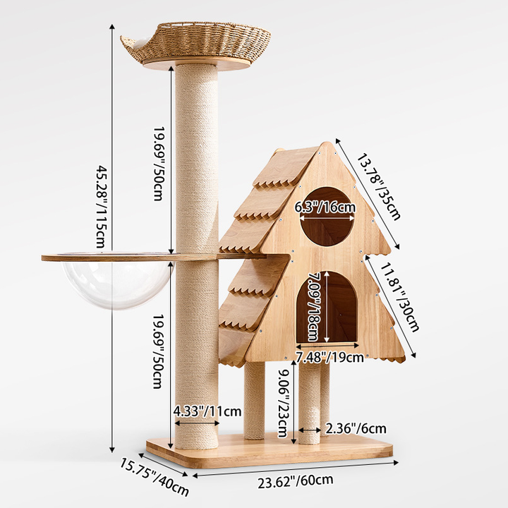 Moderner kreativer rechteckiger multifunktionaler Katzenbaum in Weihnachtsbaumform aus Kautschukholz, Sisal und Acryl für das Wohnzimmer 