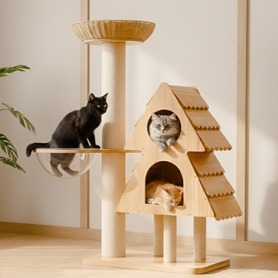 Moderner kreativer rechteckiger multifunktionaler Katzenbaum in Weihnachtsbaumform aus Kautschukholz, Sisal und Acryl für das Wohnzimmer 