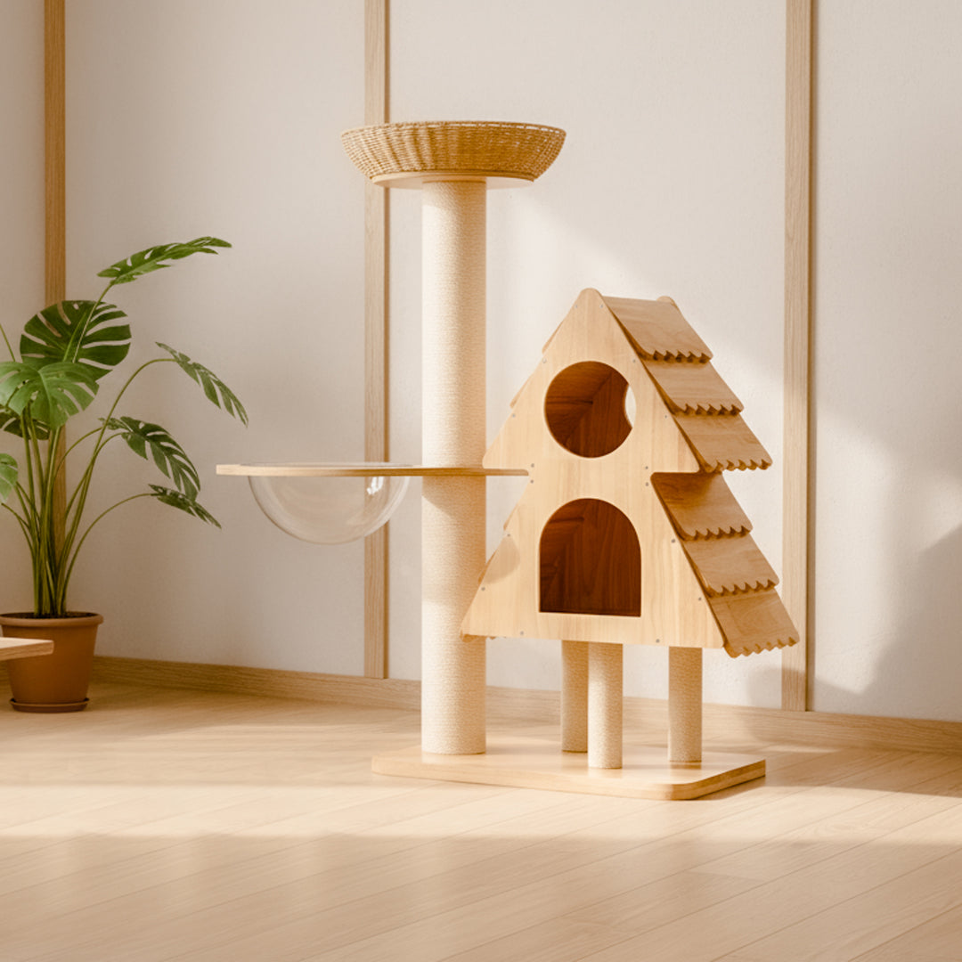 Moderner kreativer rechteckiger multifunktionaler Katzenbaum in Weihnachtsbaumform aus Kautschukholz, Sisal und Acryl für das Wohnzimmer 