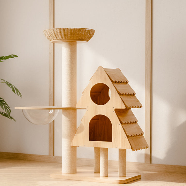 Moderner kreativer rechteckiger multifunktionaler Katzenbaum in Weihnachtsbaumform aus Kautschukholz, Sisal und Acryl für das Wohnzimmer 