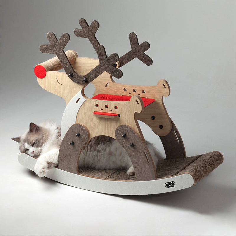 Zeitgenössischer kreativer rechteckiger Rentier-förmiger MDF-Jute-Filz-Weihnachtsbaum für Katzen für das Wohnzimmer 