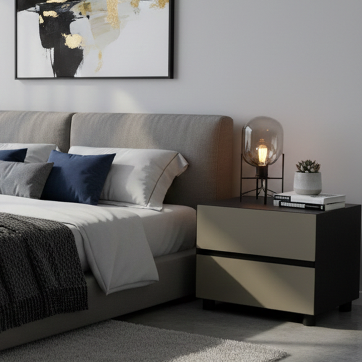 Moderner minimalistischer Nachttisch in dunklen Tönen: Symmetrischer Zweischubladen - Lackiertes Finish Nachttischakzenttisch für das Schlafzimmer 