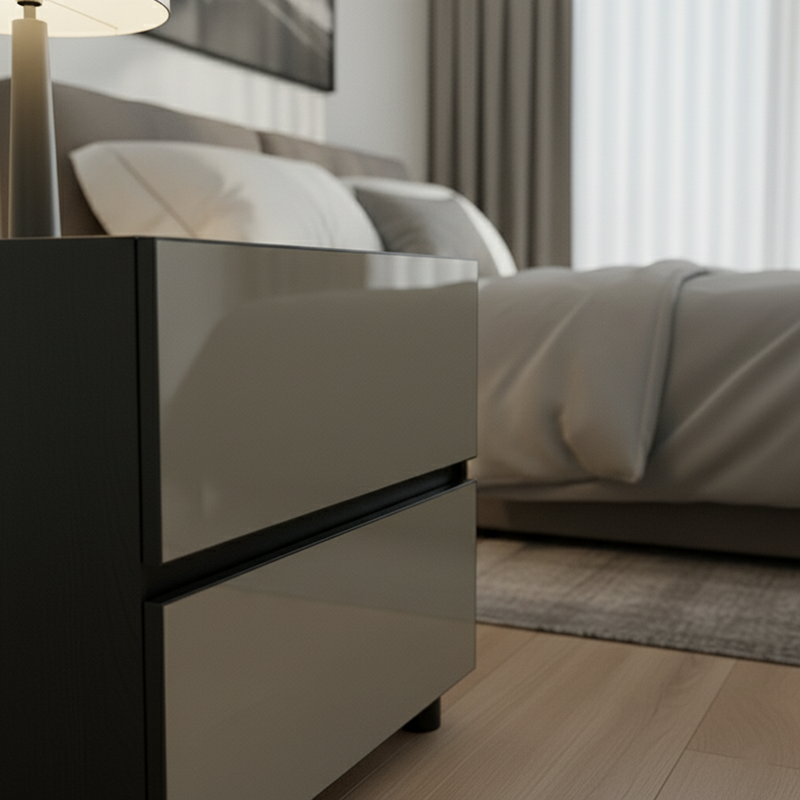 Moderner minimalistischer Nachttisch in dunklen Tönen: Symmetrischer Zweischubladen - Lackiertes Finish Nachttischakzenttisch für das Schlafzimmer 