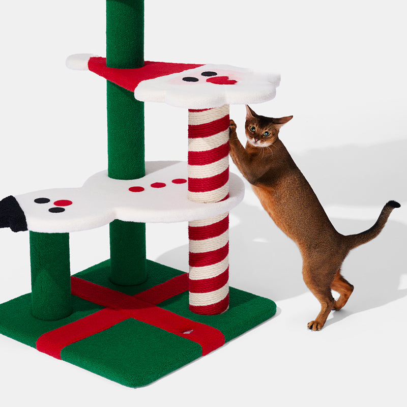 Zeitgenössisches kreatives rundes Rentier-Schneemann-Weihnachtsmann-Design-Spanplatte-Polyesterfaser-Jute-Weihnachts-Katzenbaum 2/4-stufig für Schlafzimmer 