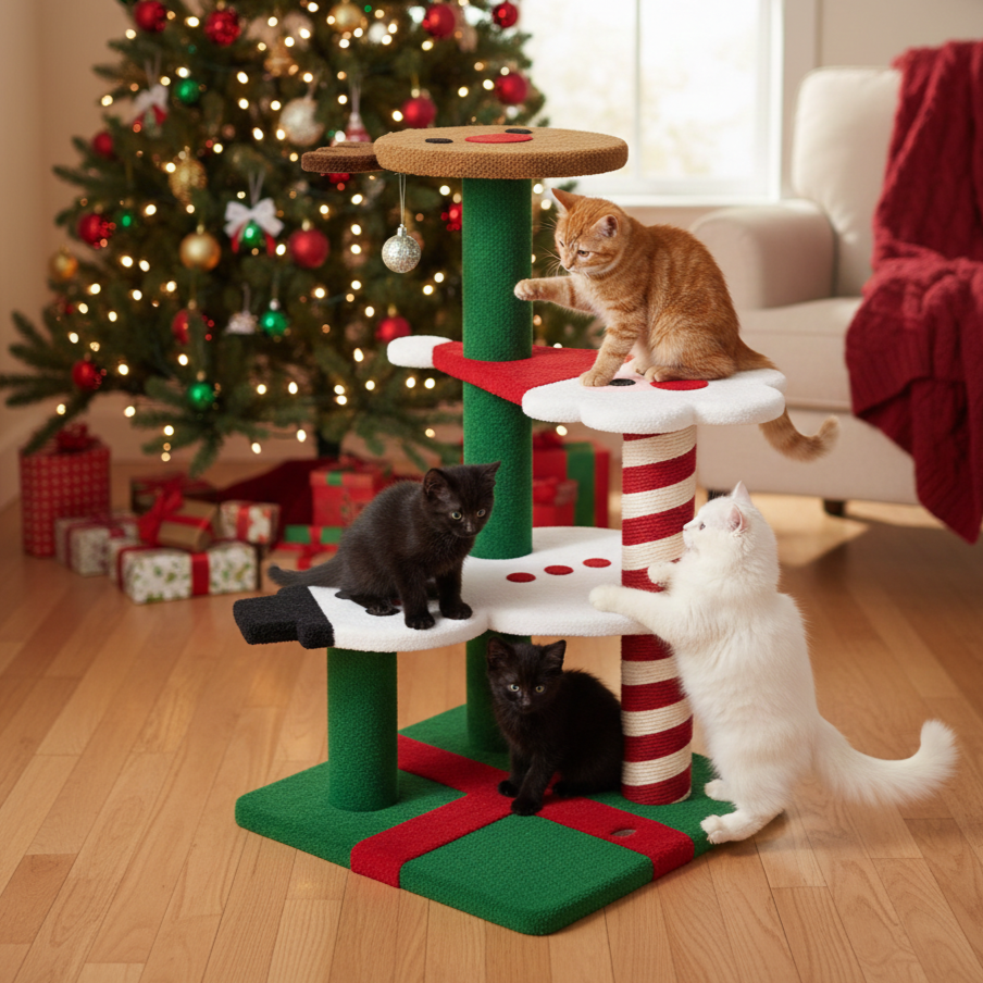 Zeitgenössisches kreatives rundes Rentier-Schneemann-Weihnachtsmann-Design-Spanplatte-Polyesterfaser-Jute-Weihnachts-Katzenbaum 2/4-stufig für Schlafzimmer 