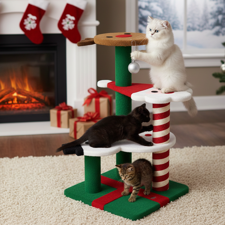 Zeitgenössisches kreatives rundes Rentier-Schneemann-Weihnachtsmann-Design-Spanplatte-Polyesterfaser-Jute-Weihnachts-Katzenbaum 2/4-stufig für Schlafzimmer 