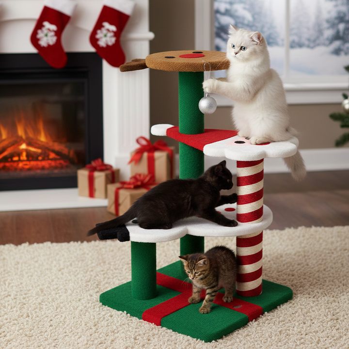 Zeitgenössisches kreatives rundes Rentier-Schneemann-Weihnachtsmann-Design-Spanplatte-Polyesterfaser-Jute-Weihnachts-Katzenbaum 2/4-stufig für Schlafzimmer 