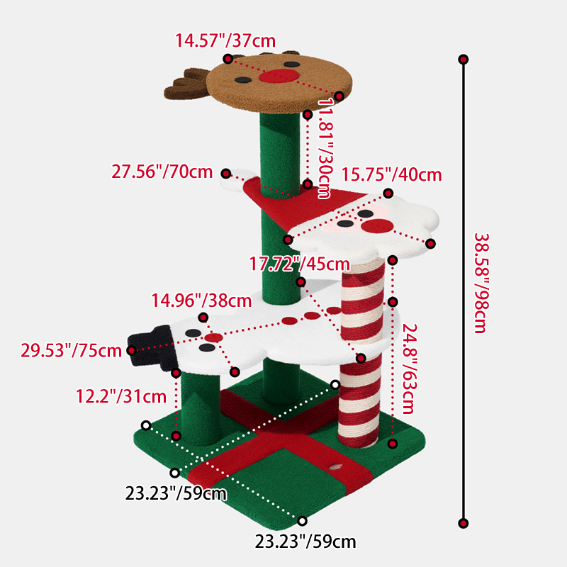 Zeitgenössisches kreatives rundes Rentier-Schneemann-Weihnachtsmann-Design-Spanplatte-Polyesterfaser-Jute-Weihnachts-Katzenbaum 2/4-stufig für Schlafzimmer 