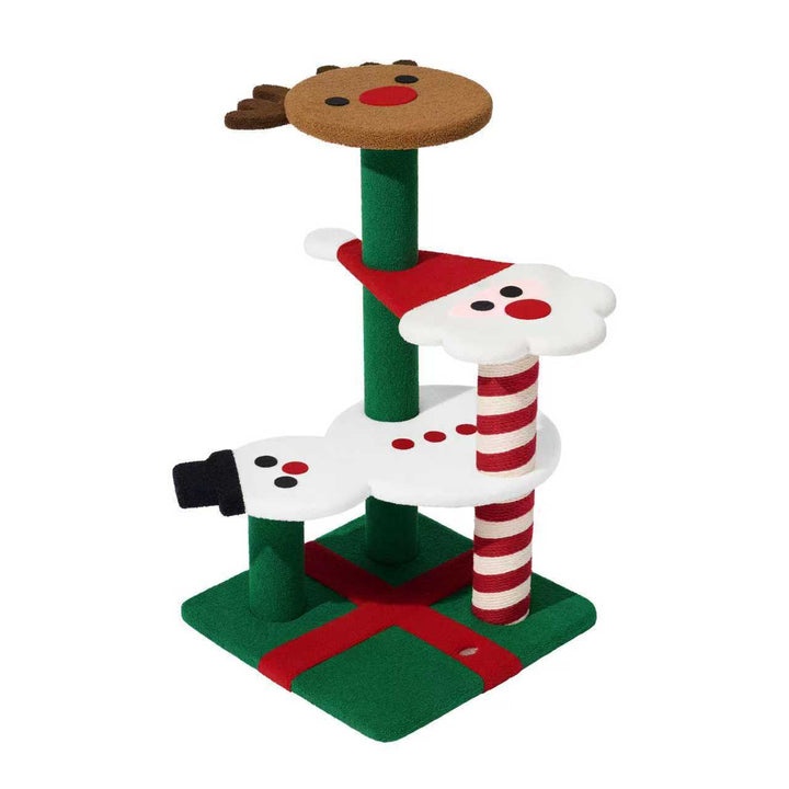 Zeitgenössisches kreatives rundes Rentier-Schneemann-Weihnachtsmann-Design-Spanplatte-Polyesterfaser-Jute-Weihnachts-Katzenbaum 2/4-stufig für Schlafzimmer 