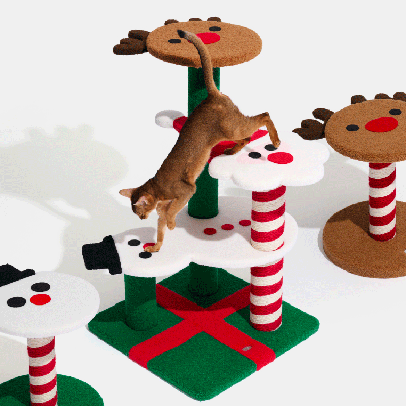 Zeitgenössisches kreatives rundes Rentier-Schneemann-Weihnachtsmann-Design-Spanplatte-Polyesterfaser-Jute-Weihnachts-Katzenbaum 2/4-stufig für Schlafzimmer 