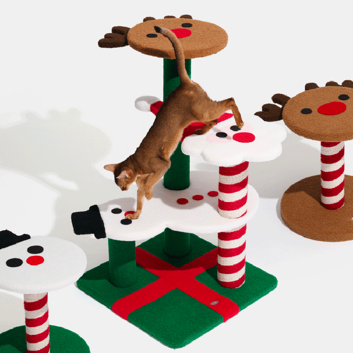 Zeitgenössisches kreatives rundes Rentier-Schneemann-Weihnachtsmann-Design-Spanplatte-Polyesterfaser-Jute-Weihnachts-Katzenbaum 2/4-stufig für Schlafzimmer 
