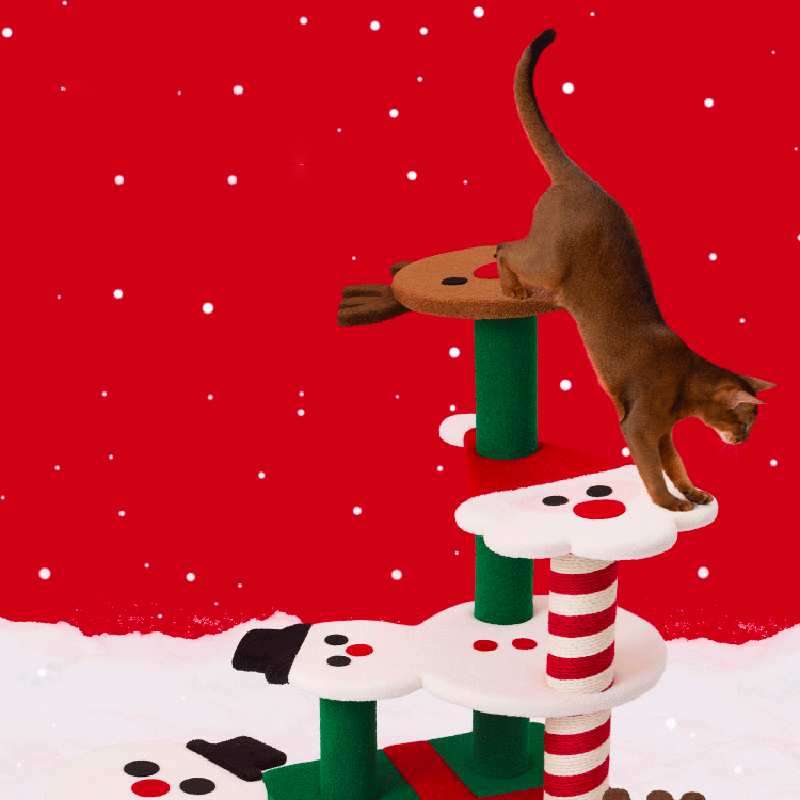 Zeitgenössisches kreatives rundes Rentier-Schneemann-Weihnachtsmann-Design-Spanplatte-Polyesterfaser-Jute-Weihnachts-Katzenbaum 2/4-stufig für Schlafzimmer 