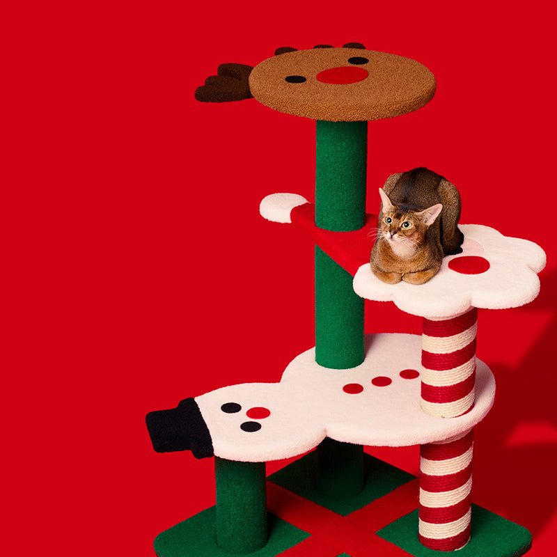 Zeitgenössisches kreatives rundes Rentier-Schneemann-Weihnachtsmann-Design-Spanplatte-Polyesterfaser-Jute-Weihnachts-Katzenbaum 2/4-stufig für Schlafzimmer 