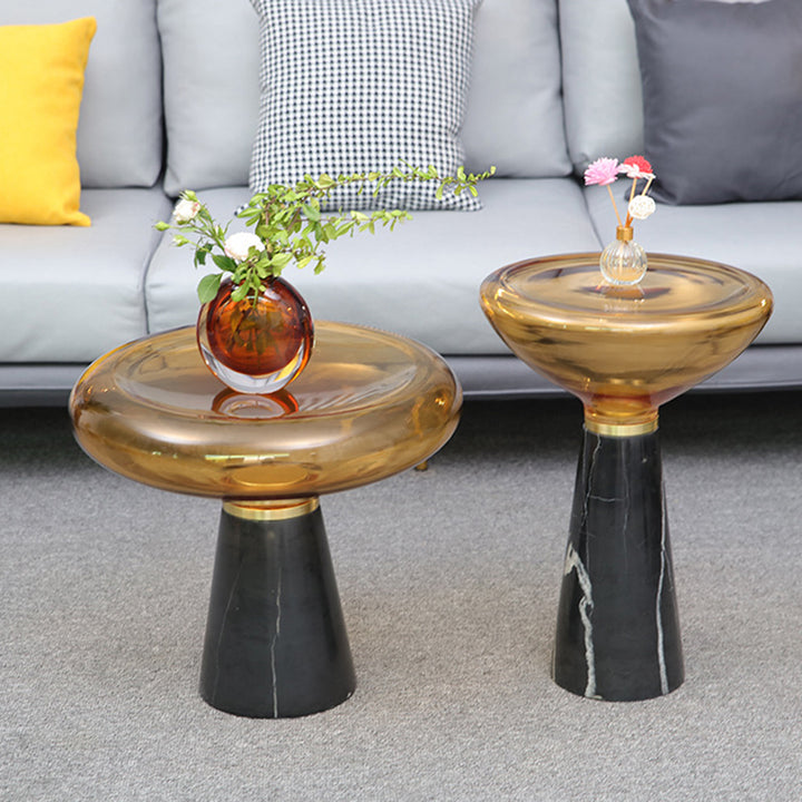 Modern Luxury Round Marble Tempered Glass Iron Side Table 1-Tier For Living Room