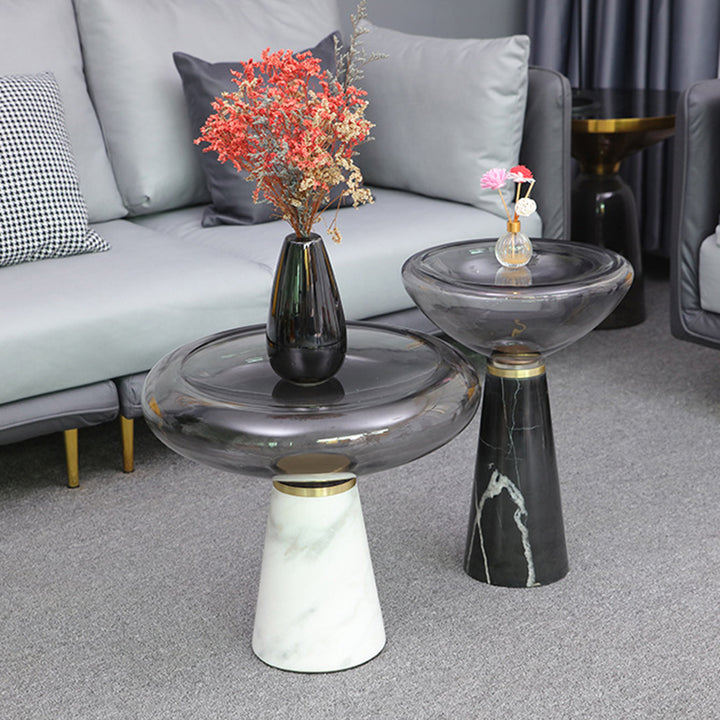 Modern Luxury Round Marble Tempered Glass Iron Side Table 1-Tier For Living Room