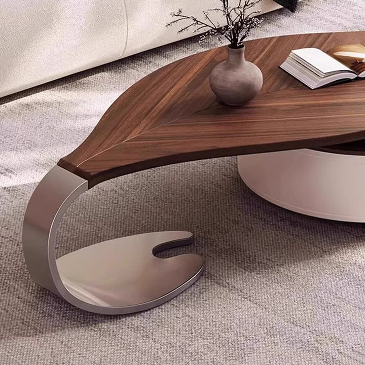 Table basse moderne de luxe ronde en forme de feuille, en panneau de fibres à densité moyenne plaqué, cuir de selle, acier inoxydable, 1 tiroir, pour salon 