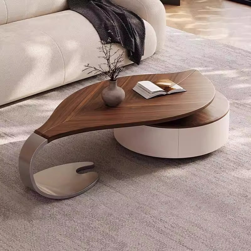 Table basse moderne de luxe ronde en forme de feuille, en panneau de fibres à densité moyenne plaqué, cuir de selle, acier inoxydable, 1 tiroir, pour salon 
