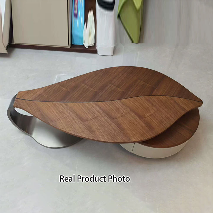 Table basse moderne de luxe ronde en forme de feuille, en panneau de fibres à densité moyenne plaqué, cuir de selle, acier inoxydable, 1 tiroir, pour salon 
