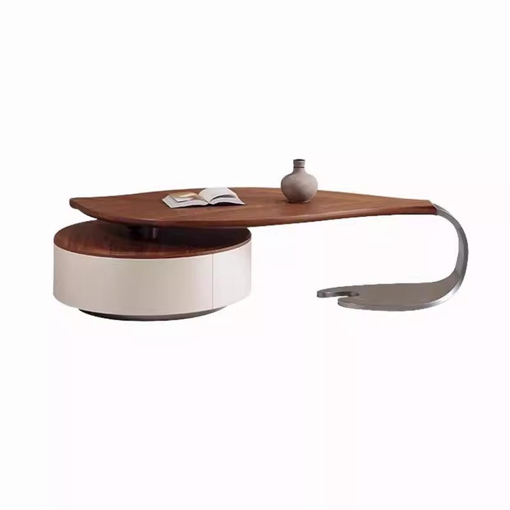 Table basse moderne de luxe ronde en forme de feuille, en panneau de fibres à densité moyenne plaqué, cuir de selle, acier inoxydable, 1 tiroir, pour salon 