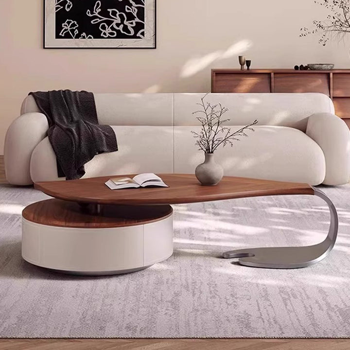 Modern Luxury Round Leaf-Shaped Medium-Density Fiberboard Veneered Saddle-Style Faux Leather Stainless Steel Coffee Table 1-Drawer For Living Room