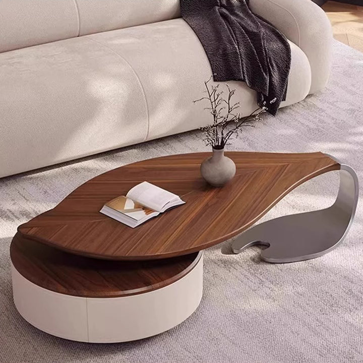 Table basse moderne de luxe ronde en forme de feuille, en panneau de fibres à densité moyenne plaqué, cuir de selle, acier inoxydable, 1 tiroir, pour salon 