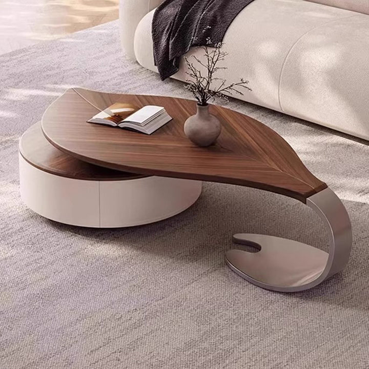 Modern Luxury Round Leaf-Shaped Medium-Density Fiberboard Veneered Saddle-Style Faux Leather Stainless Steel Coffee Table 1-Drawer For Living Room