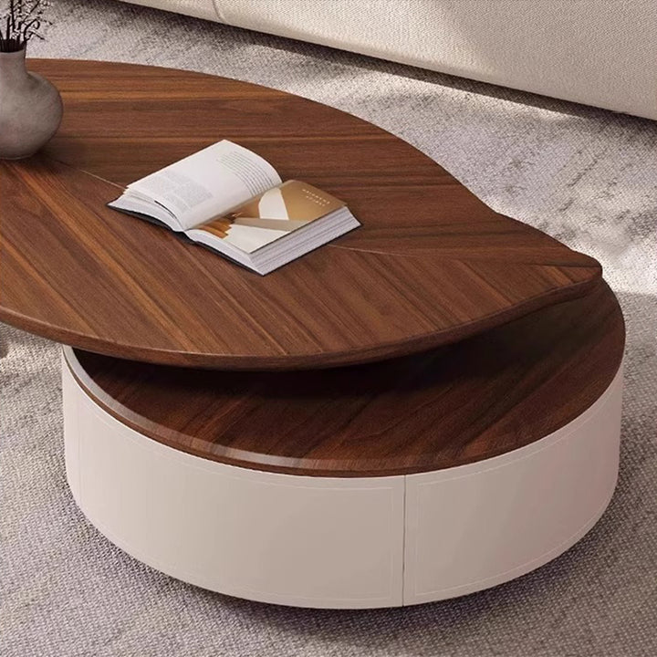 Table basse moderne de luxe ronde en forme de feuille, en panneau de fibres à densité moyenne plaqué, cuir de selle, acier inoxydable, 1 tiroir, pour salon 