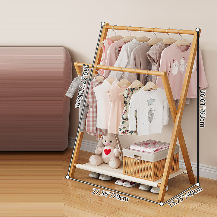 Arbre à vêtements contemporain scandinave rectangulaire en bambou naturel nan en forme de X, pliable, à 3 niveaux pour enfants, pour chambre à coucher 