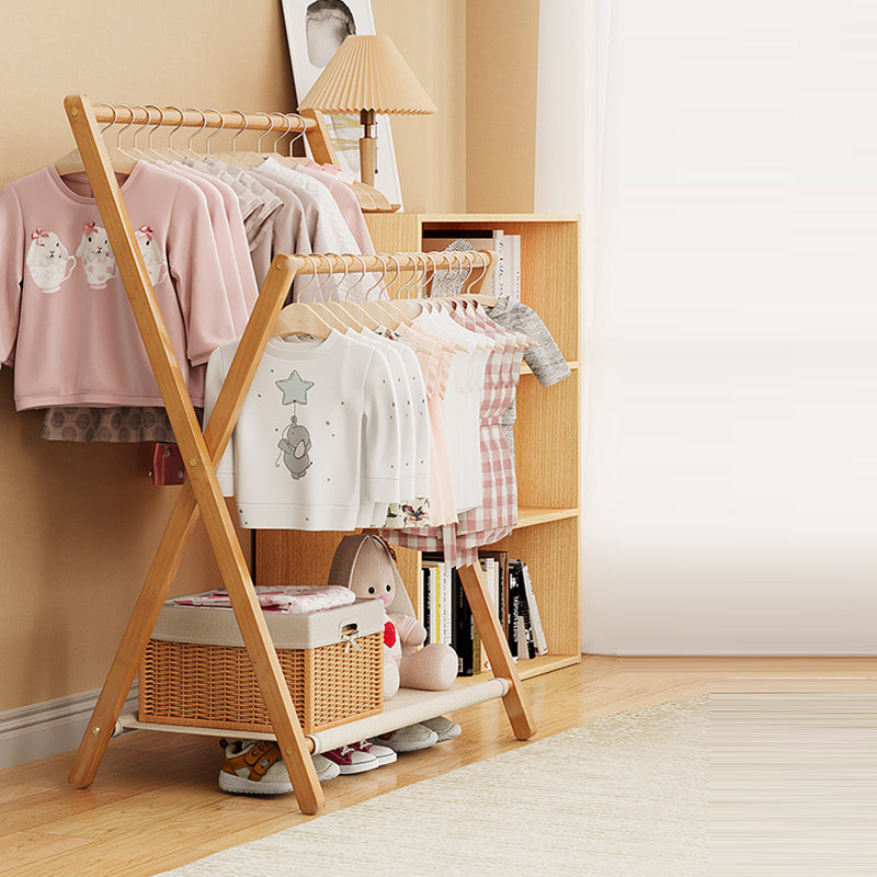 Arbre à vêtements contemporain scandinave rectangulaire en bambou naturel nan en forme de X, pliable, à 3 niveaux pour enfants, pour chambre à coucher 