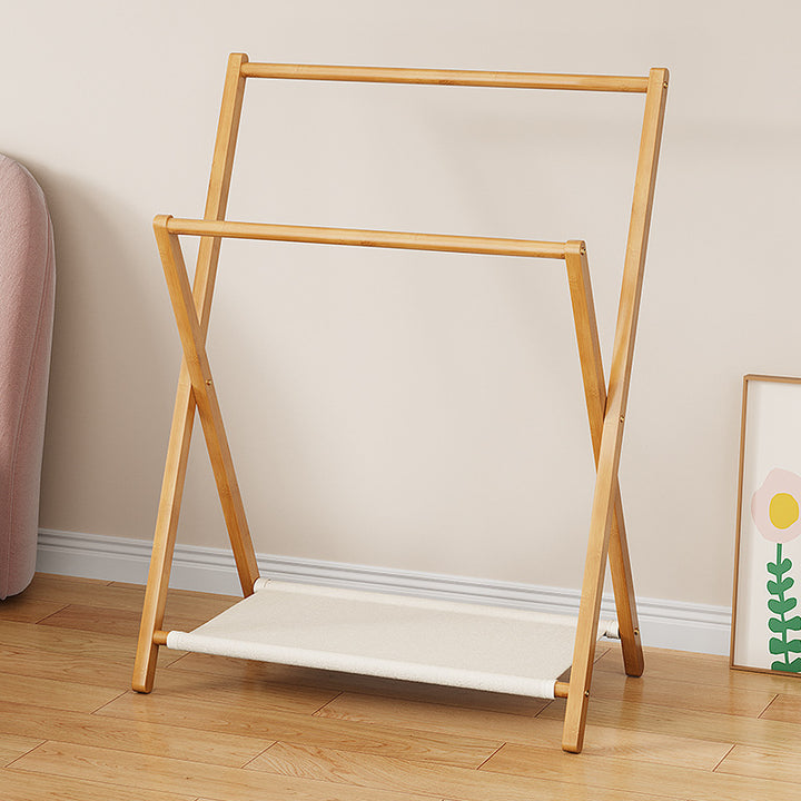 Arbre à vêtements contemporain scandinave rectangulaire en bambou naturel nan en forme de X, pliable, à 3 niveaux pour enfants, pour chambre à coucher 