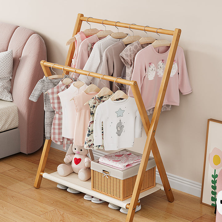 Arbre à vêtements contemporain scandinave rectangulaire en bambou naturel nan en forme de X, pliable, à 3 niveaux pour enfants, pour chambre à coucher 