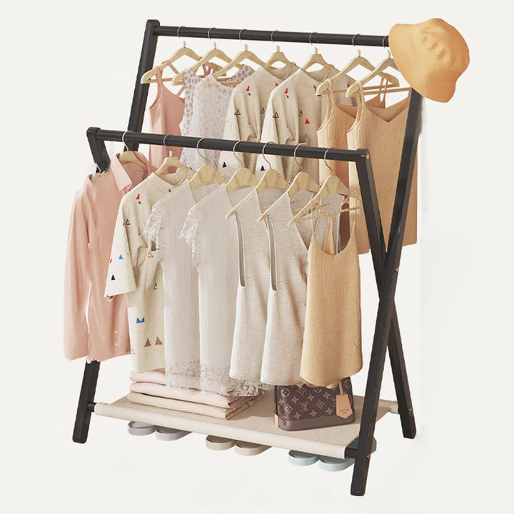 Arbre à vêtements contemporain scandinave rectangulaire en bambou naturel nan en forme de X, pliable, à 3 niveaux pour enfants, pour chambre à coucher 