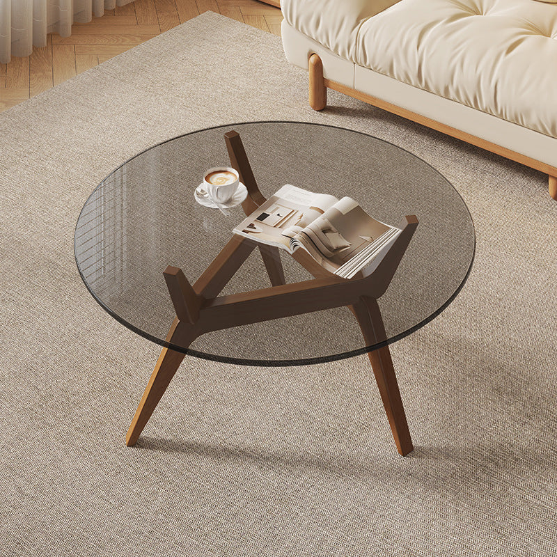 Traditional Vintage Round Rubberwood Solid Wood Tempered Glass Coffee Table For Living Room