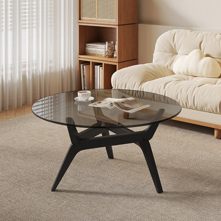 Traditional Vintage Round Rubberwood Solid Wood Tempered Glass Coffee Table For Living Room