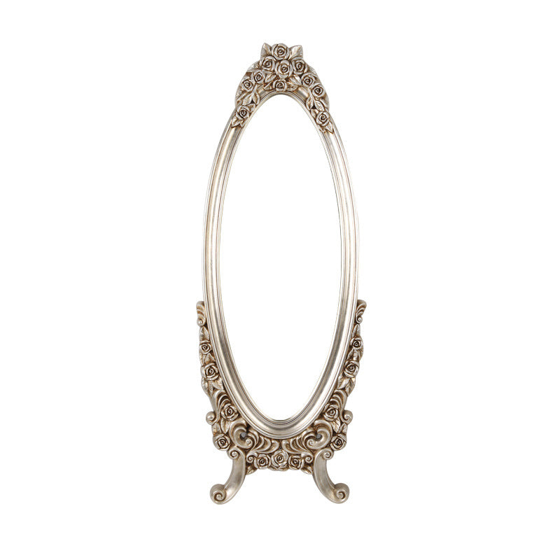 Miroir pleine longueur en verre flotté à cadre ovale européen traditionnel en PU imitation bois pour chambre à coucher 