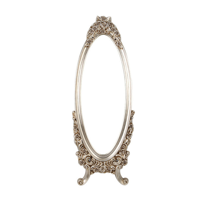 Miroir pleine longueur en verre flotté à cadre ovale européen traditionnel en PU imitation bois pour chambre à coucher 