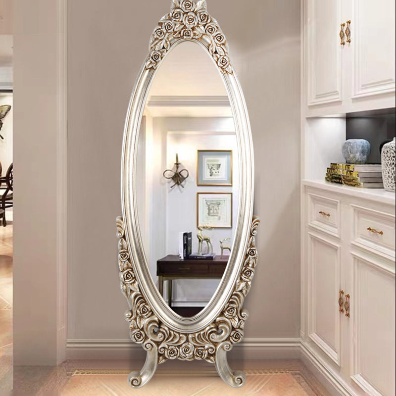 Miroir pleine longueur en verre flotté à cadre ovale européen traditionnel en PU imitation bois pour chambre à coucher 