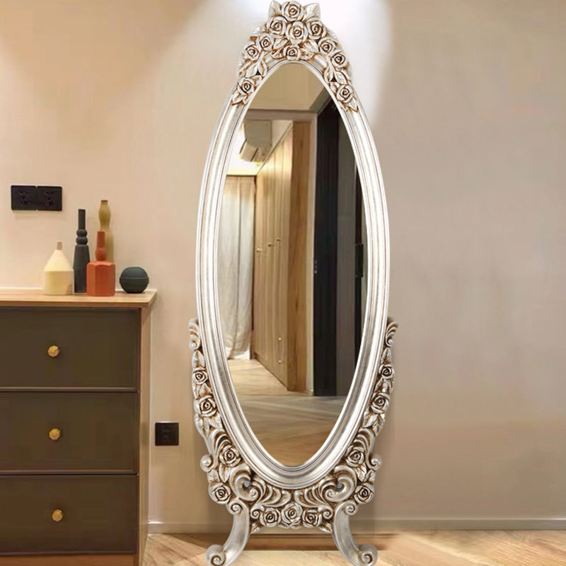 Miroir pleine longueur en verre flotté à cadre ovale européen traditionnel en PU imitation bois pour chambre à coucher 