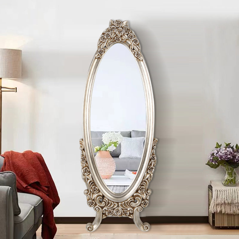 Miroir pleine longueur en verre flotté à cadre ovale européen traditionnel en PU imitation bois pour chambre à coucher 